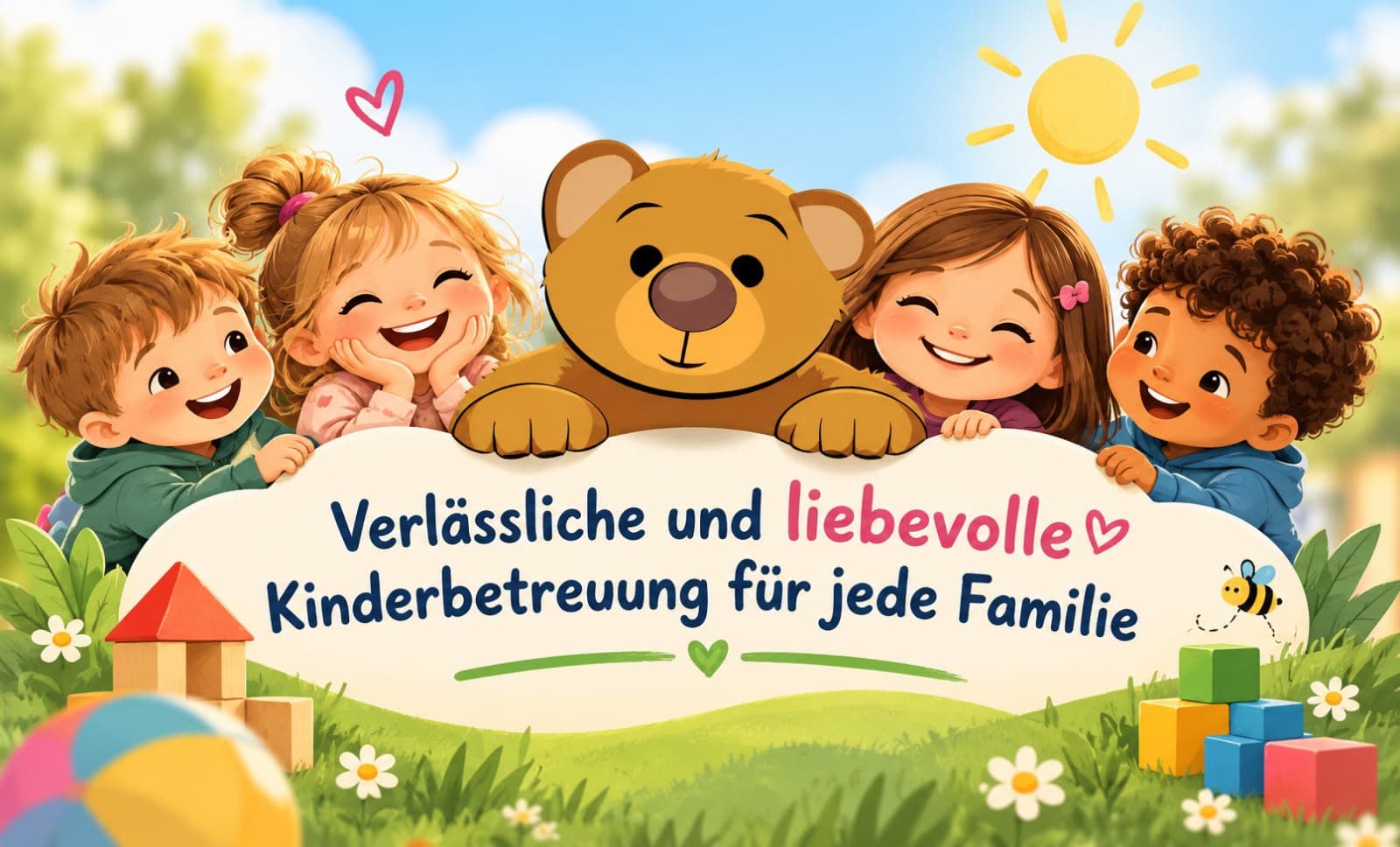 Teddybär mit lachenden Kindern: Verlässliche und liebevolle Kinderbetreuung für jede Familie
